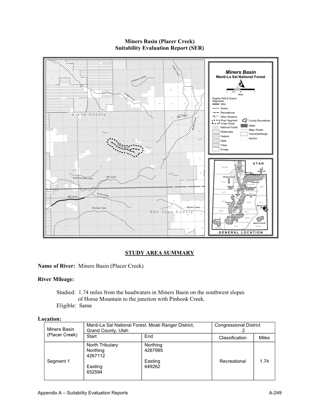 Miners Basin (Placer Creek) Suitability Evaluation Report (SER)