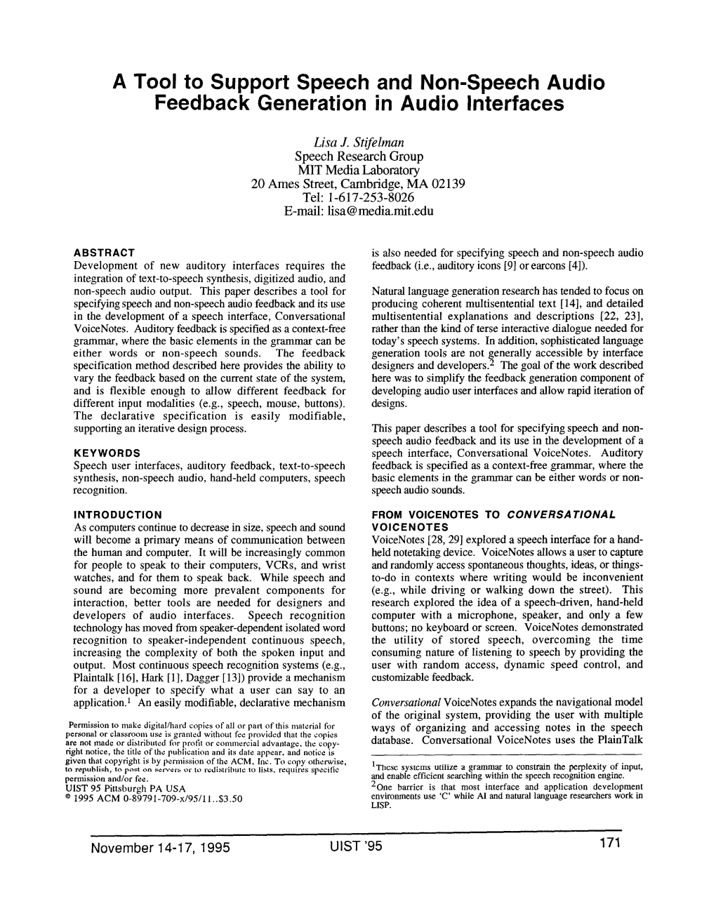 A Tooi to Support Speech and Non-Speech Audio Feedback Generation in Audio Interfaces