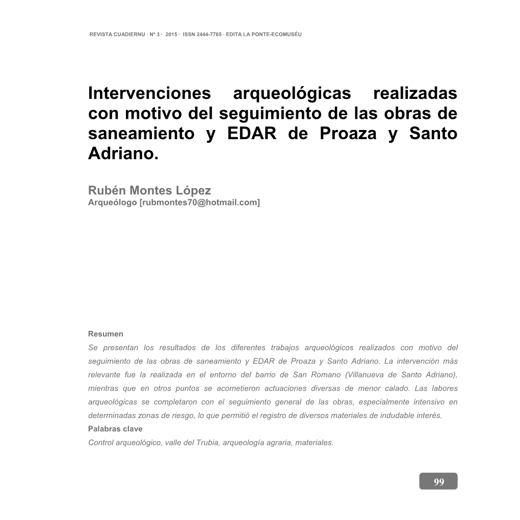 Intervenciones Arqueológicas Realizadas Con Motivo Del Seguimiento De Las Obras De Saneamiento Y EDAR De Proaza Y Santo