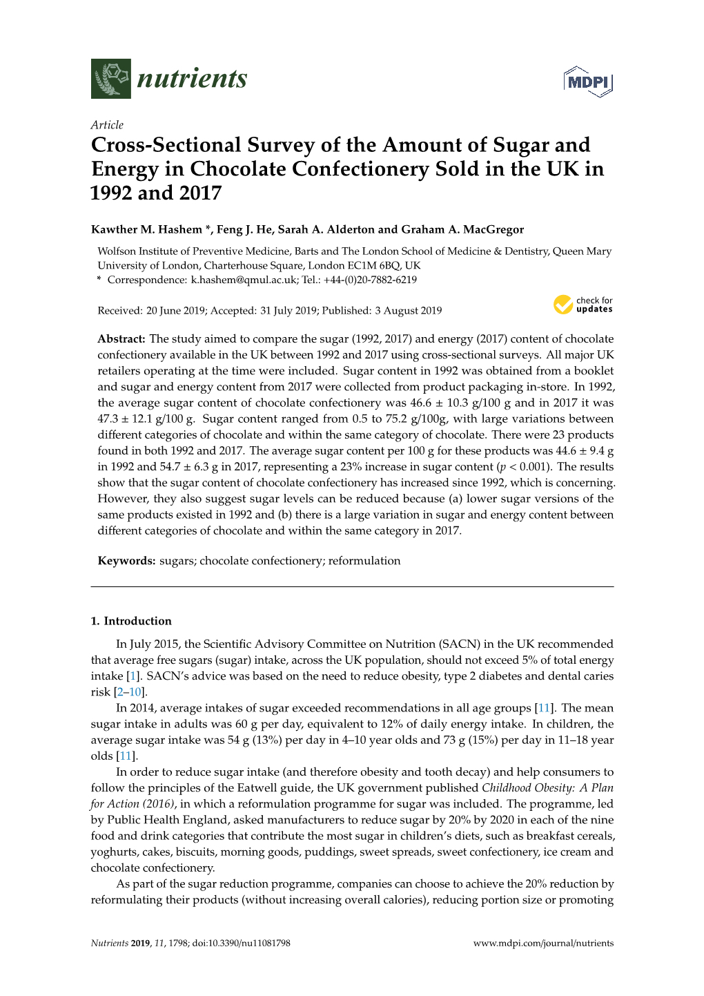 Cross-Sectional Survey of the Amount of Sugar and Energy in Chocolate Confectionery Sold in the UK in 1992 and 2017