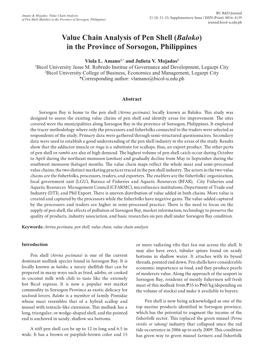 Value Chain Analysis of Pen Shell (Baloko) in the Province of Sorsogon, Philippines