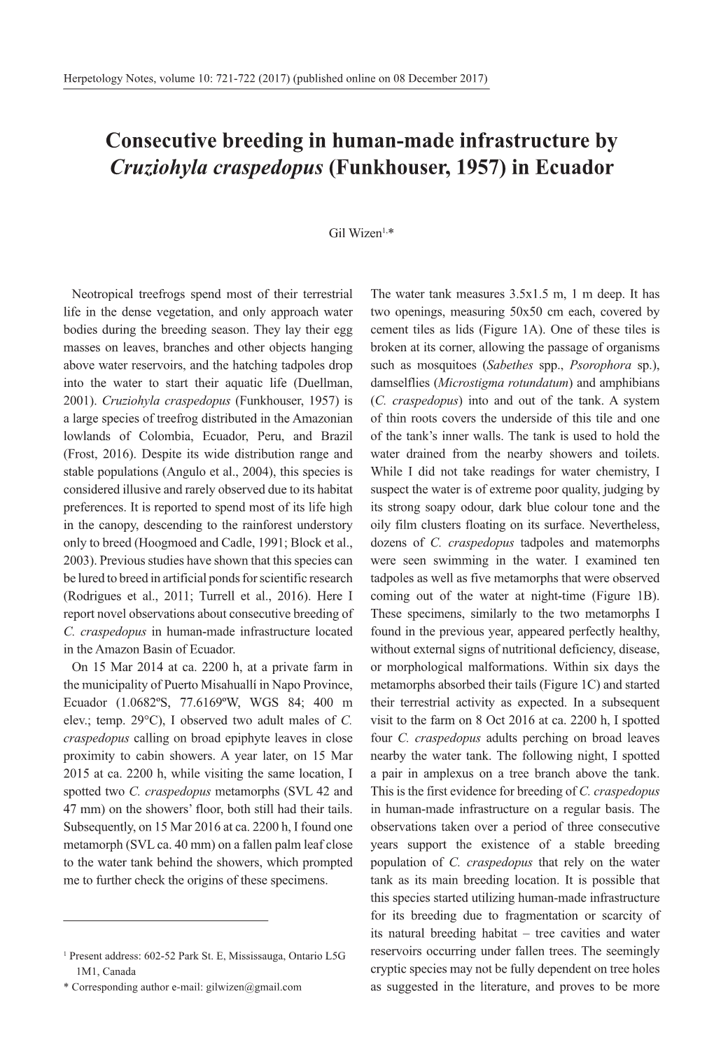 Consecutive Breeding in Human-Made Infrastructure by Cruziohyla Craspedopus (Funkhouser, 1957) in Ecuador