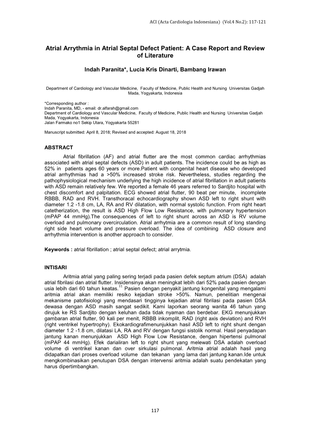 Atrial Arrythmia in Atrial Septal Defect Patient: a Case Report and Review of Literature