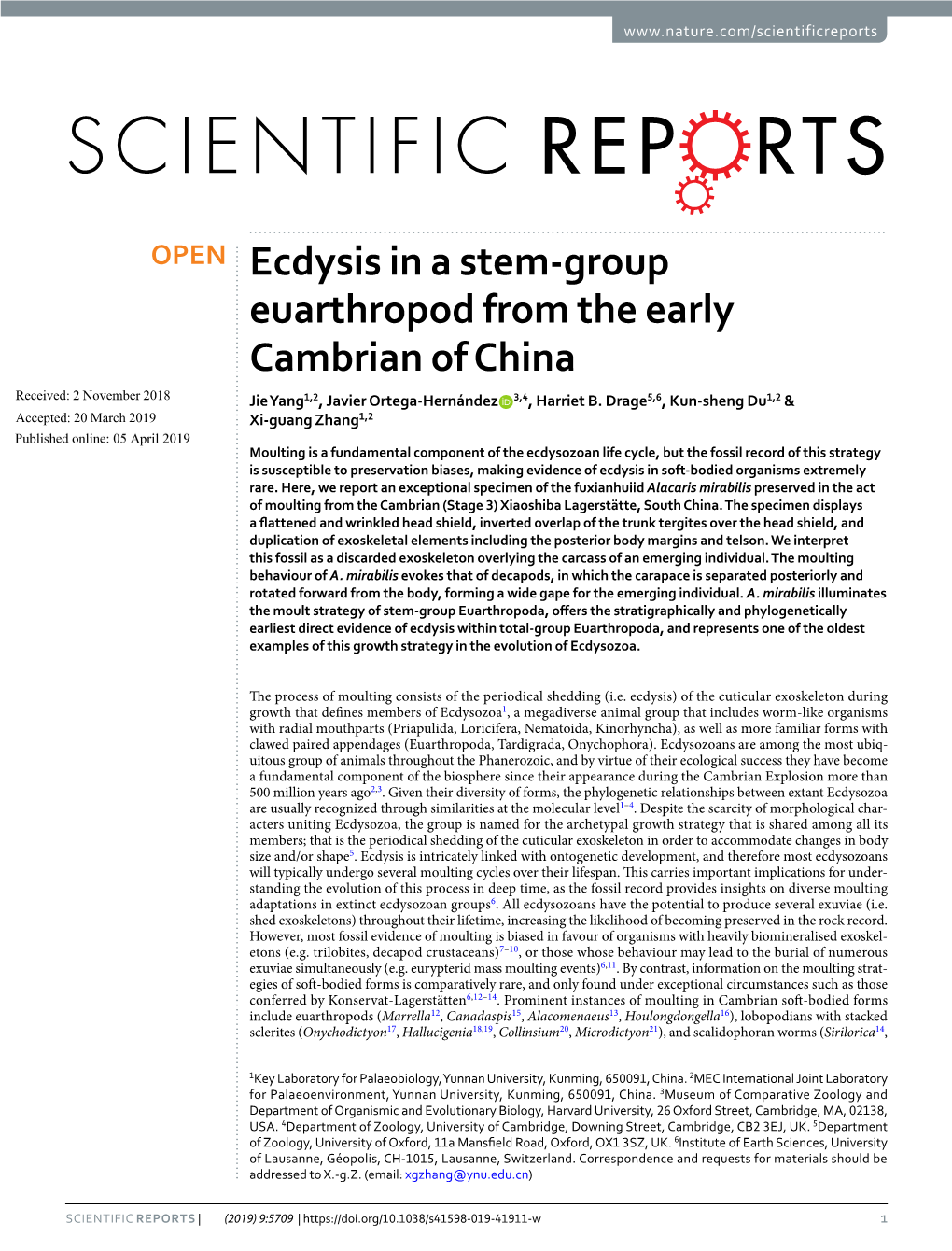 Ecdysis in a Stem-Group Euarthropod from the Early Cambrian of China Received: 2 November 2018 Jie Yang1,2, Javier Ortega-Hernández 3,4, Harriet B