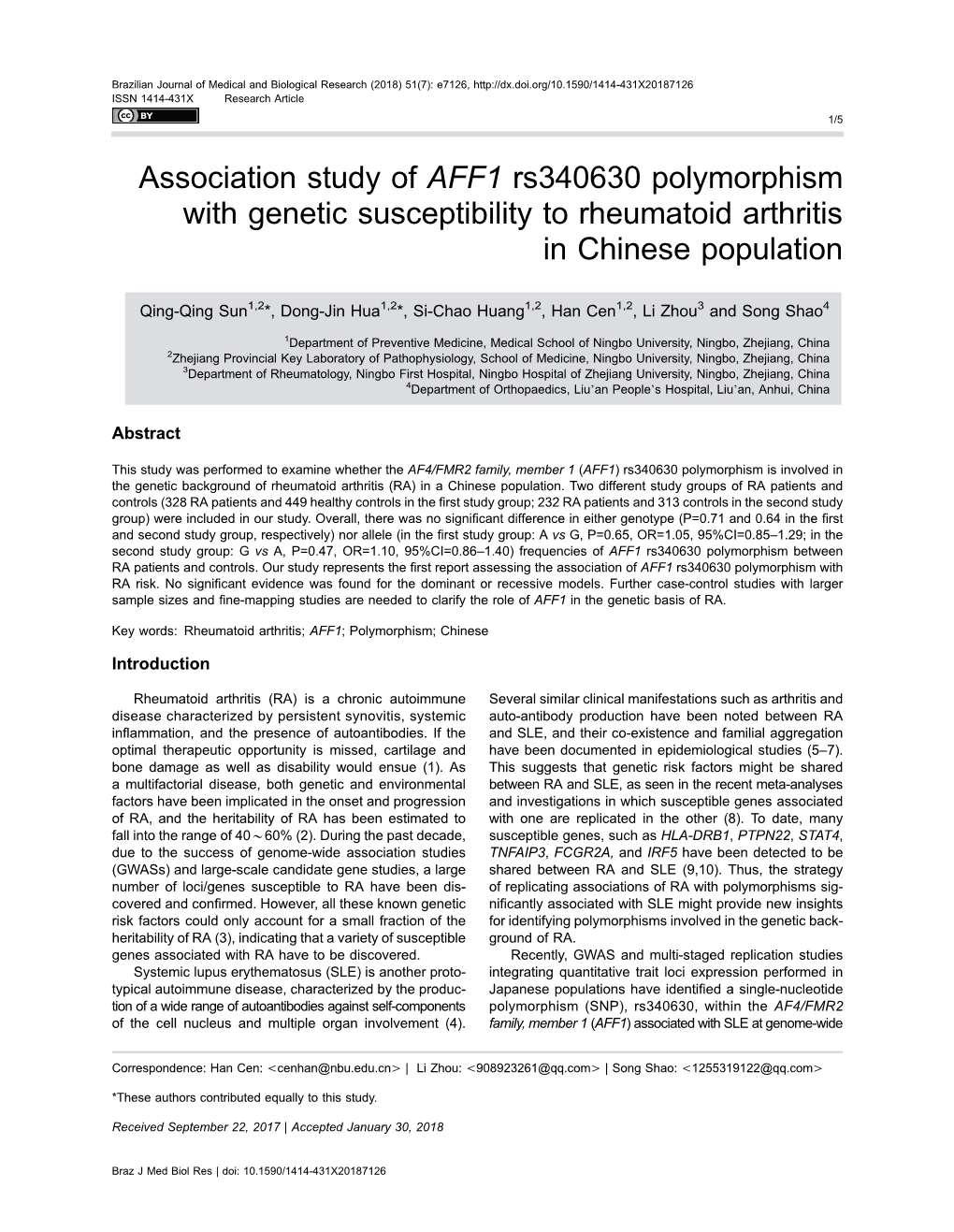 Association Study of AFF1 Rs340630 Polymorphism with Genetic Susceptibility to Rheumatoid Arthritis in Chinese Population