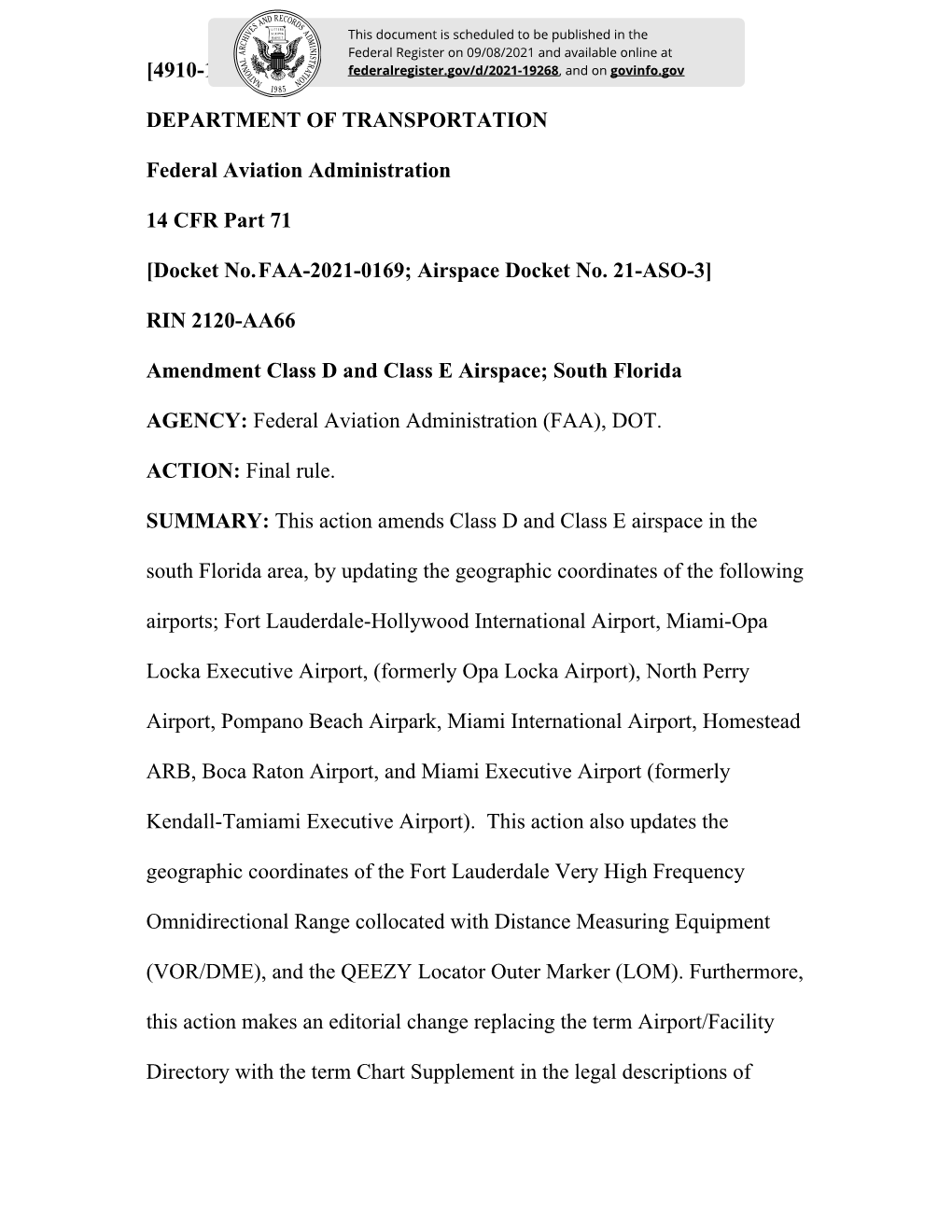 Docket No.FAA-2021-0169; Airspace Docket No