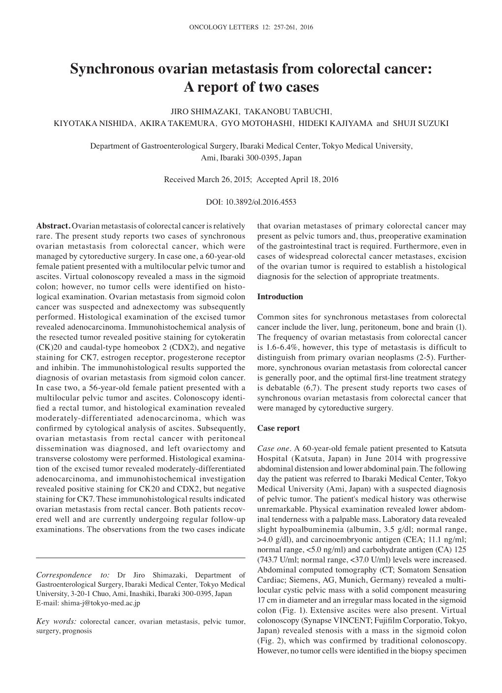 Synchronous Ovarian Metastasis from Colorectal Cancer: a Report of Two Cases