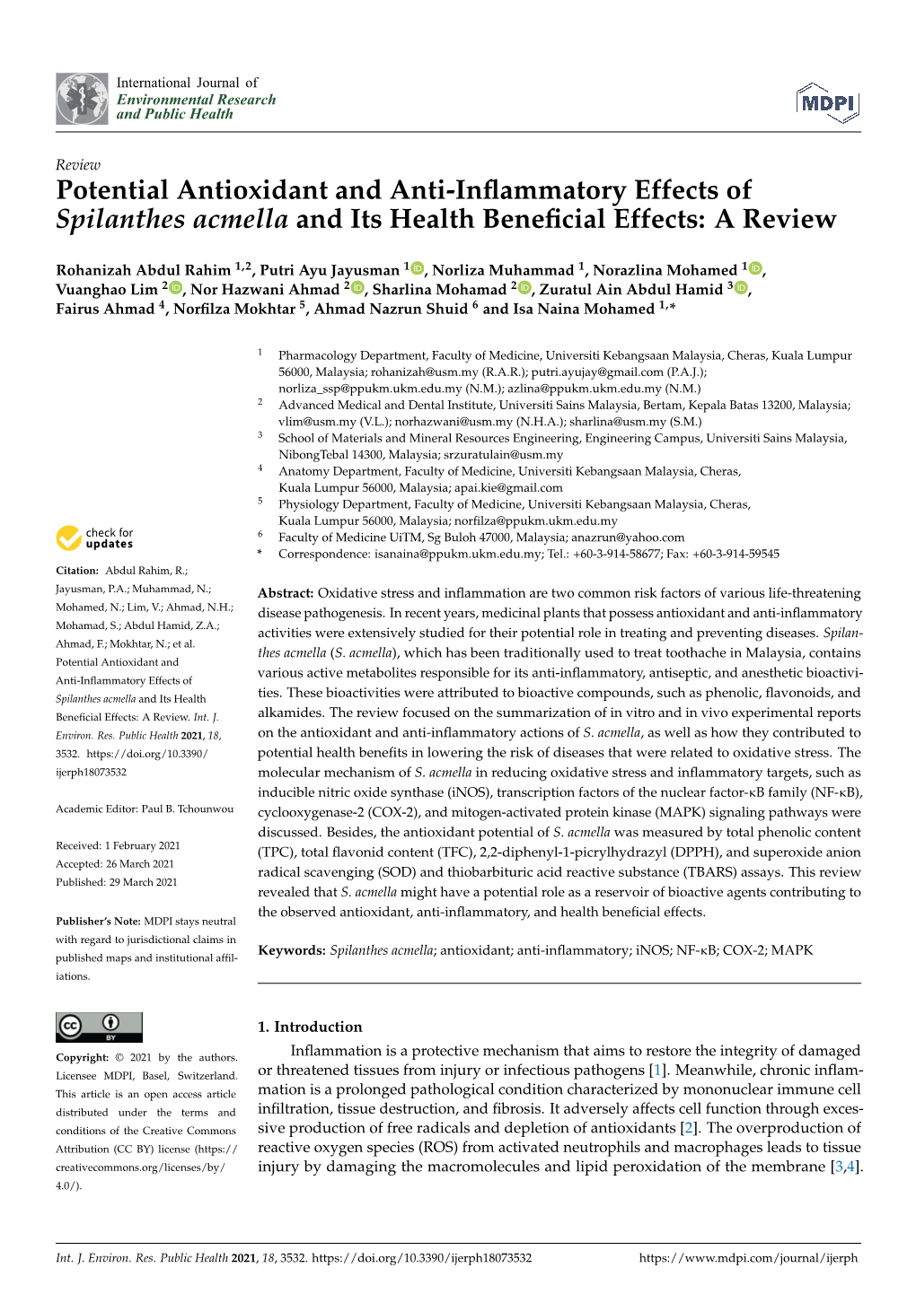 Potential Antioxidant and Anti-Inflammatory Effects of Spilanthes Acmella and Its Health Beneficial Effects