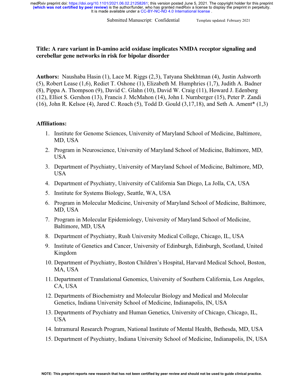 A Rare Variant in D-Amino Acid Oxidase Implicates NMDA Receptor Signaling and Cerebellar Gene Networks in Risk for Bipolar Disorder