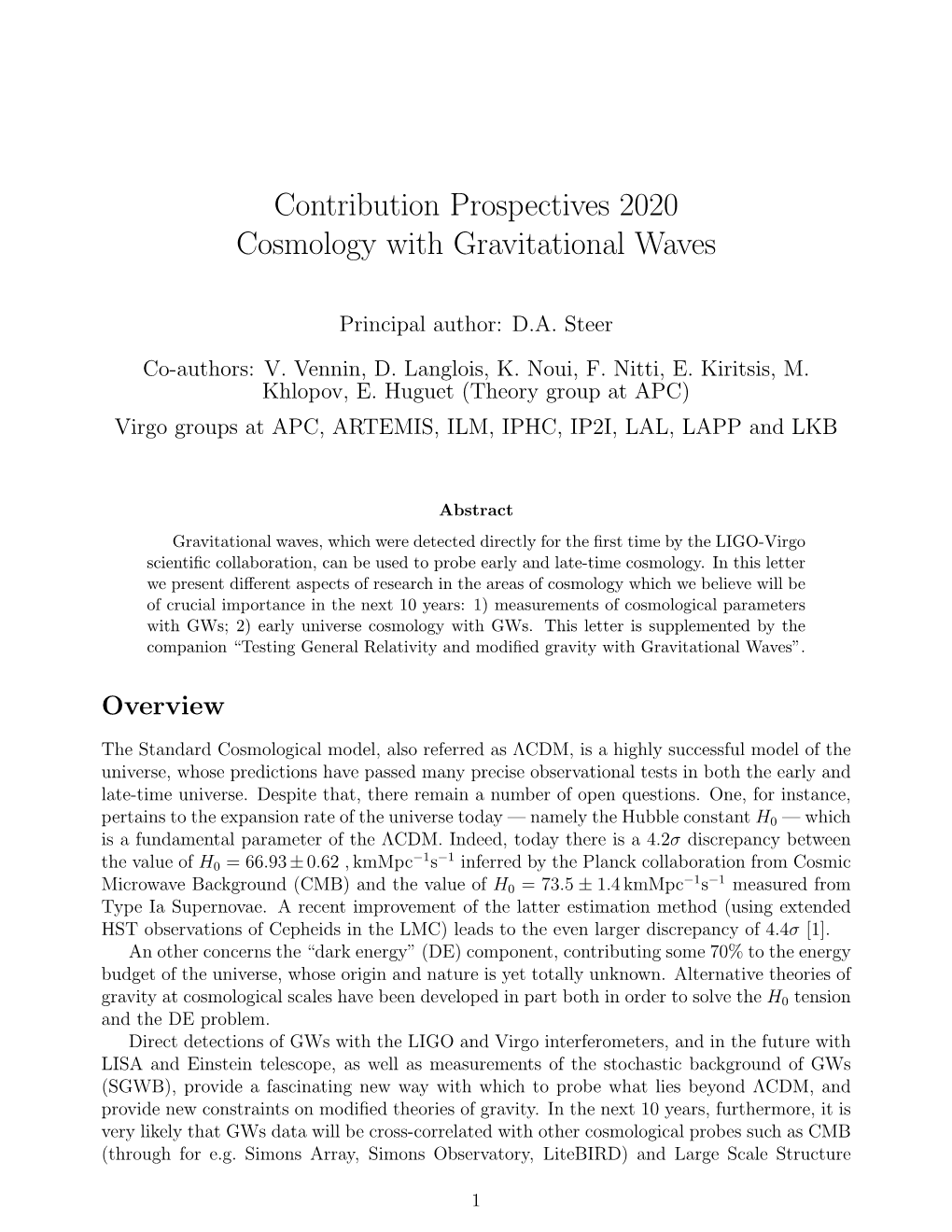 Contribution Prospectives 2020 Cosmology with Gravitational Waves