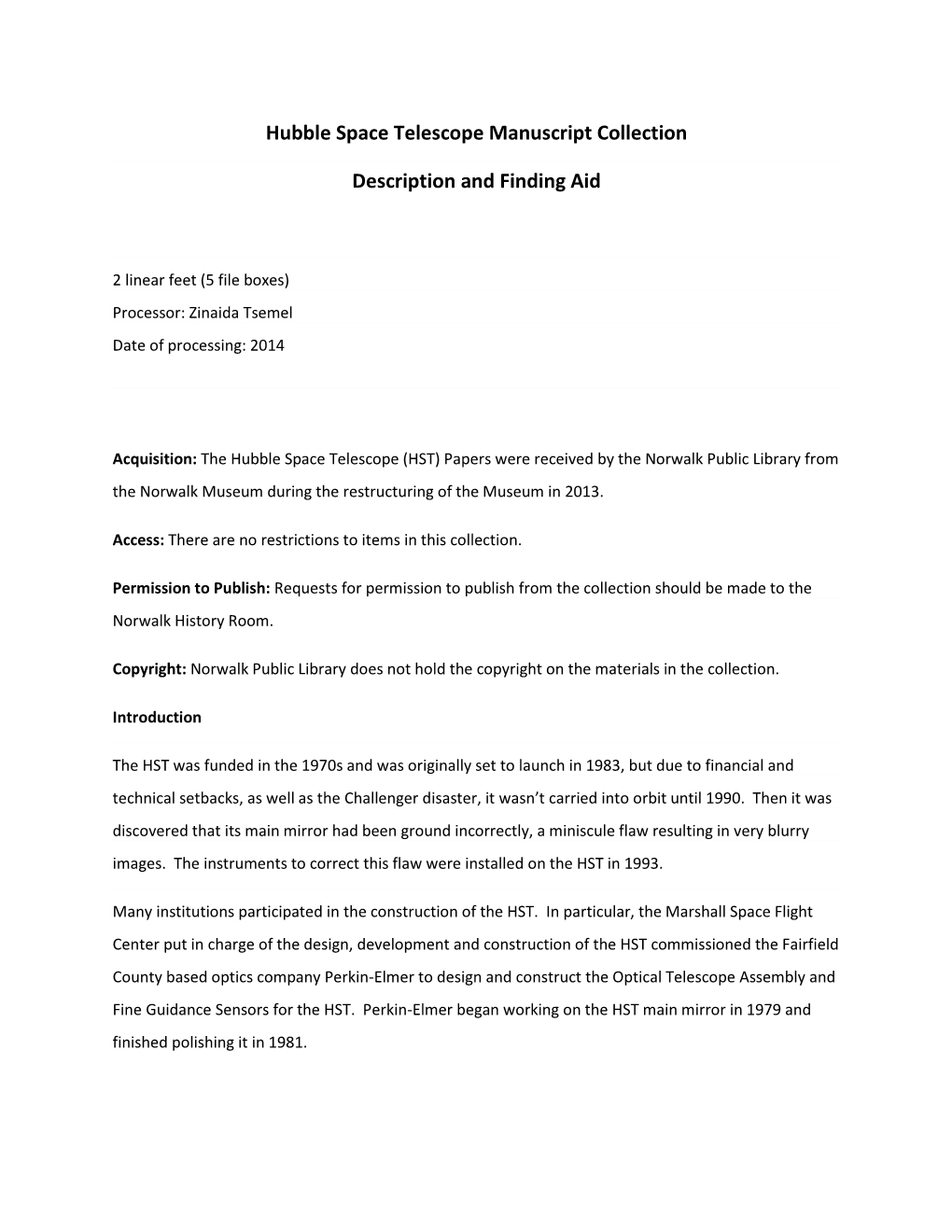 Hubble Space Telescope Manuscript Collection Description and Finding