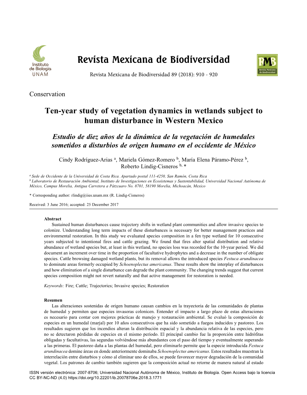 Ten-Year Study of Vegetation Dynamics in Wetlands Subject to Human Disturbance in Western Mexico