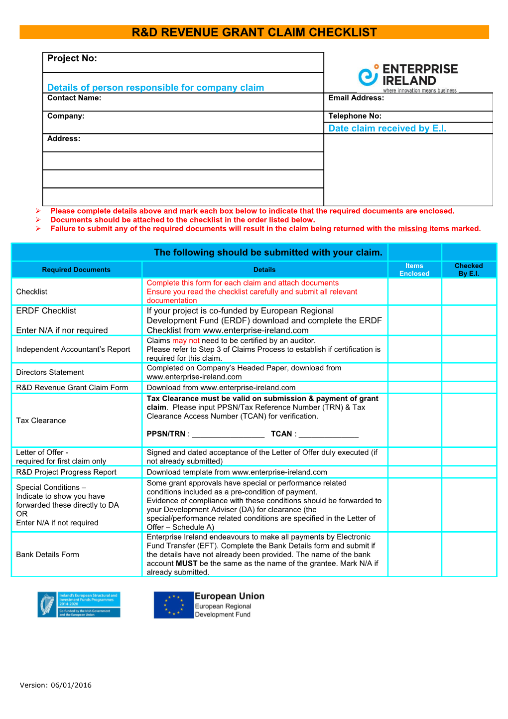 R&D Revenue Grant Claim Checklist