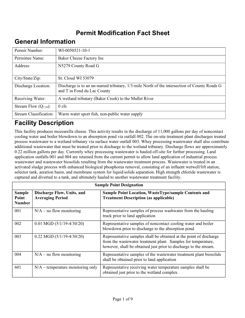 WPDES Permit Fact Sheet for Baker Cheese Factory WI-0050521-10-1