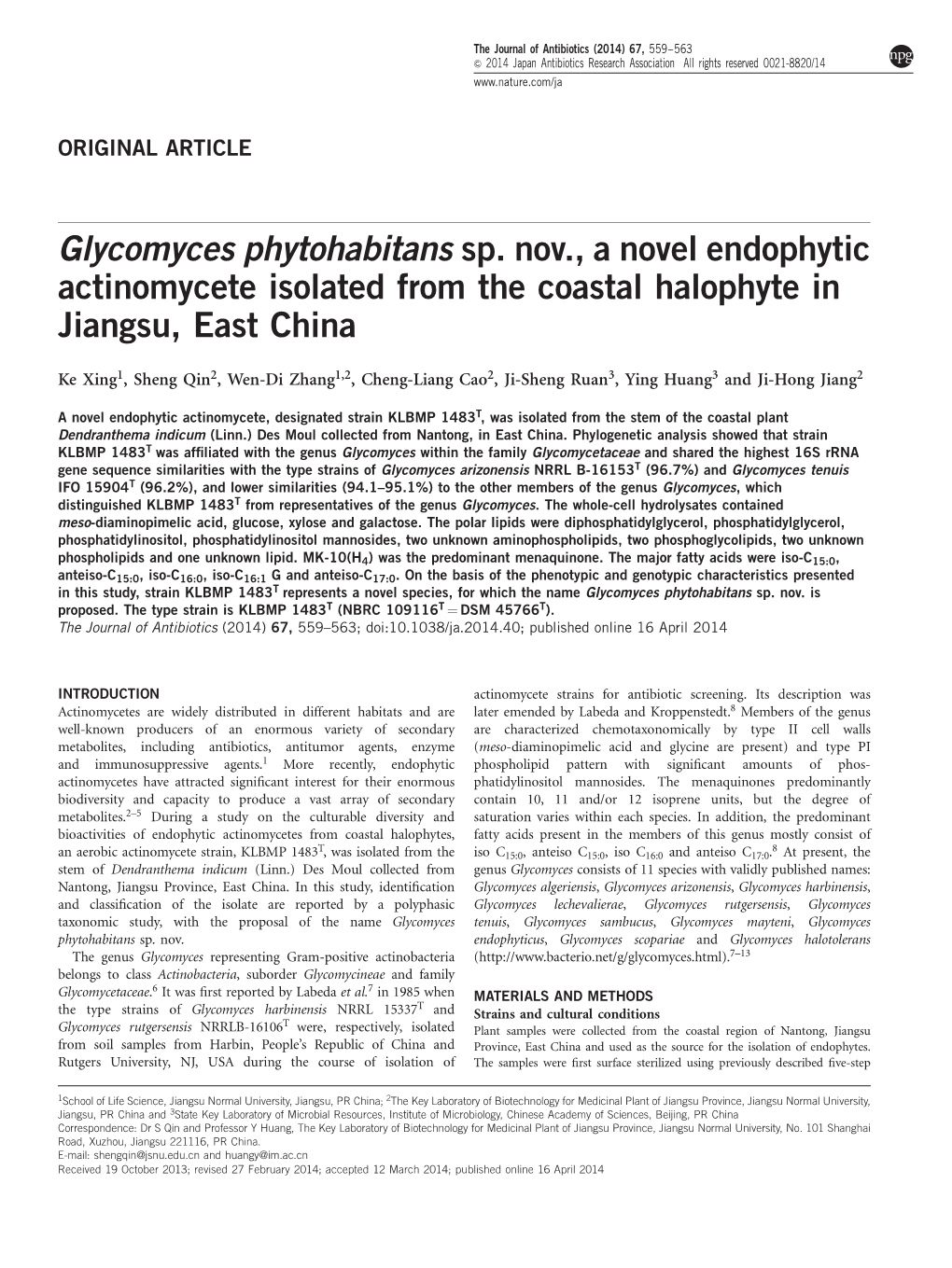 Glycomyces Phytohabitans Sp. Nov., a Novel Endophytic Actinomycete Isolated from the Coastal Halophyte in Jiangsu, East China