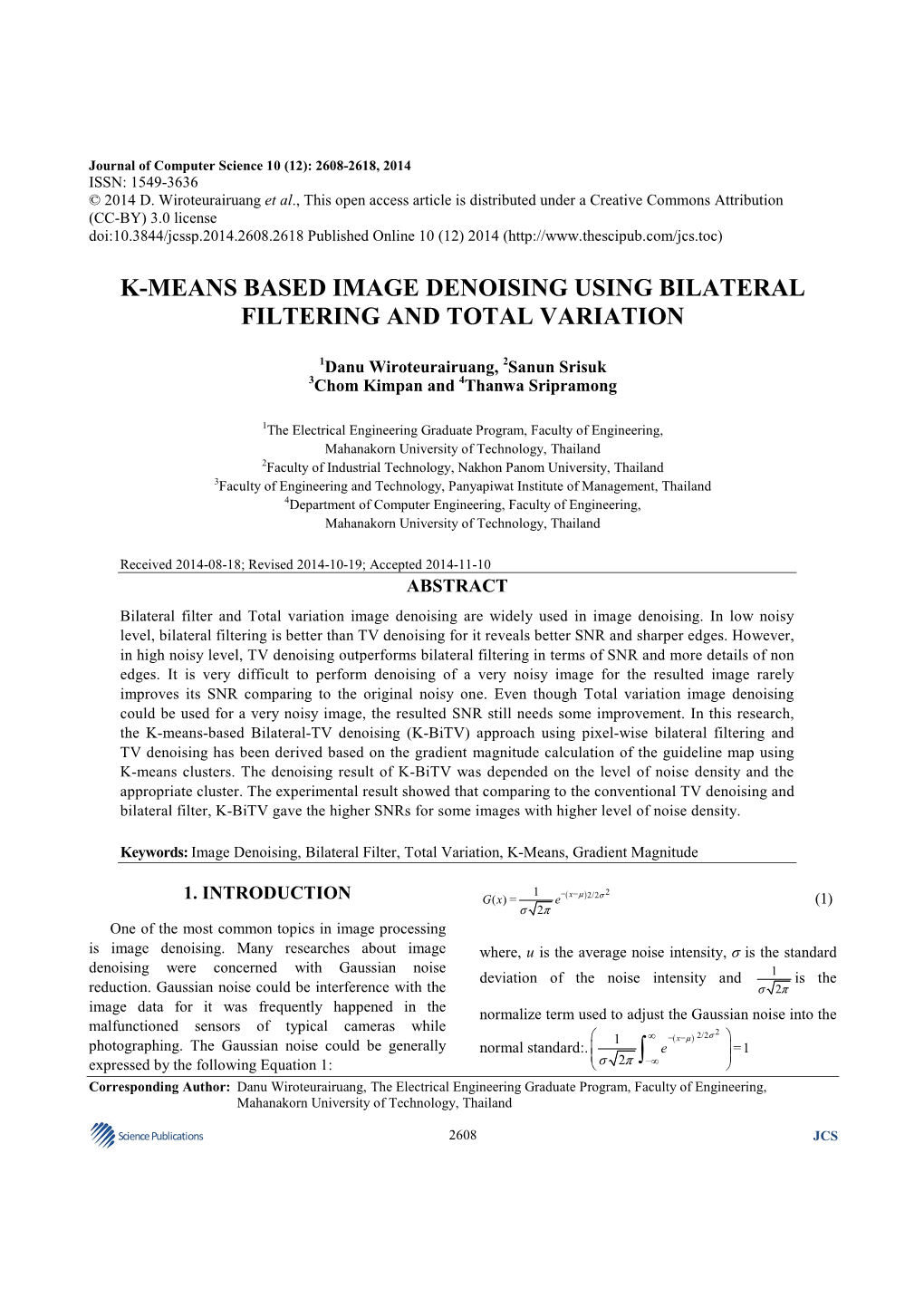 K-Means Based Image Denoising Using Bilateral Filtering and Total Variation