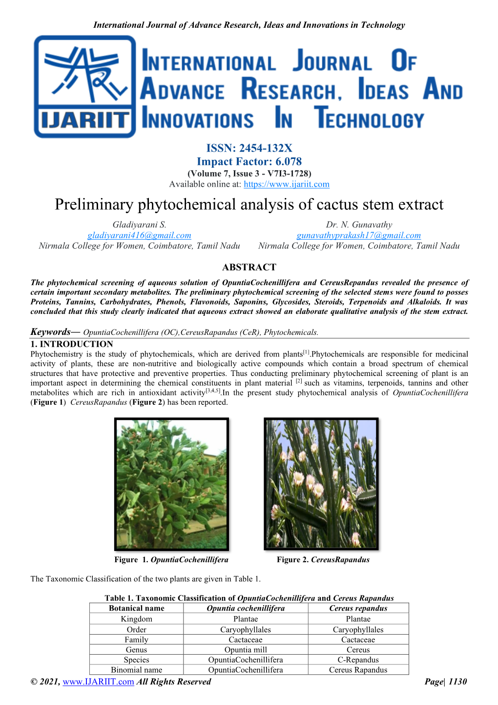 Preliminary Phytochemical Analysis of Cactus Stem Extract Gladiyarani S