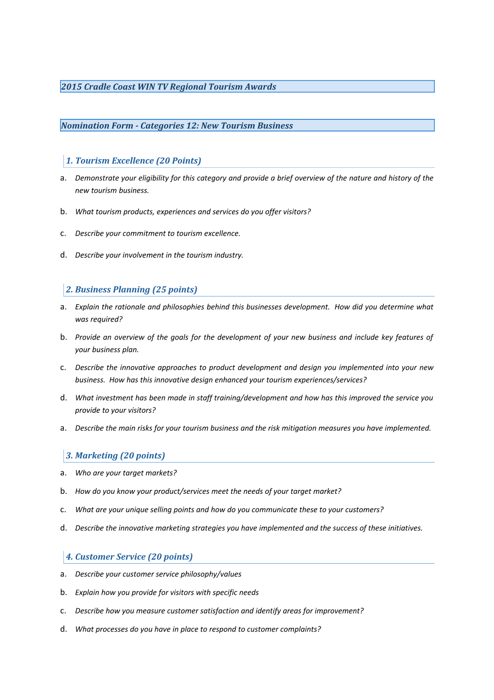 Nomination Form - Categories 12: New Tourism Business