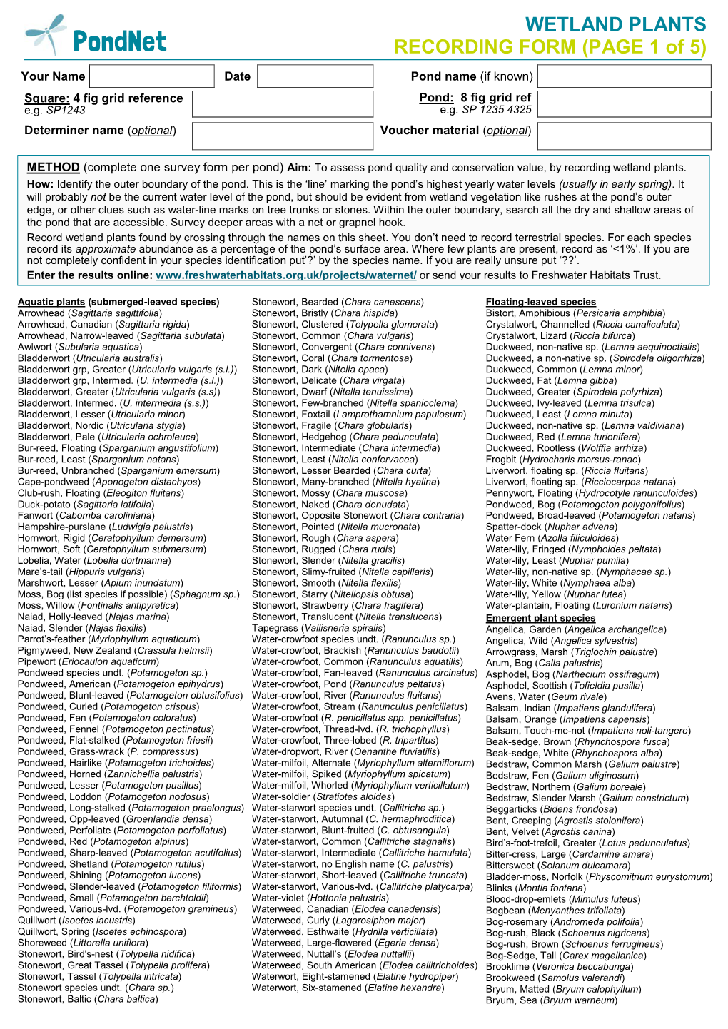 Wetland Plants Survey Form