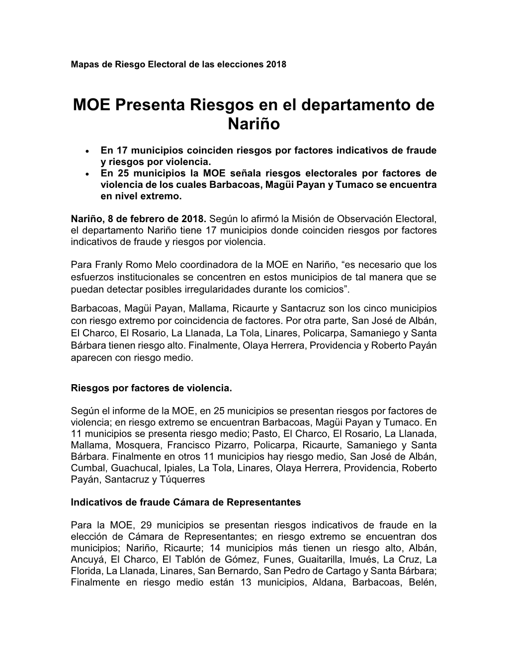 MOE Presenta Riesgos En El Departamento De Nariño