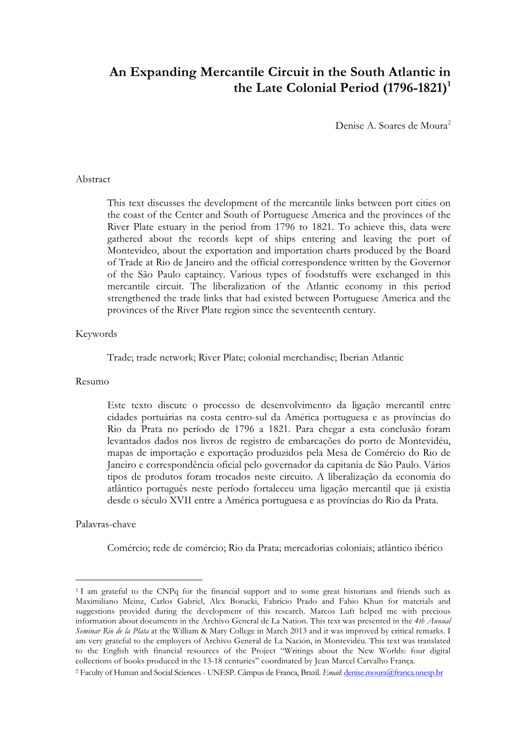 An Expanding Mercantile Circuit in the South Atlantic in the Late Colonial Period (1796-1821)1