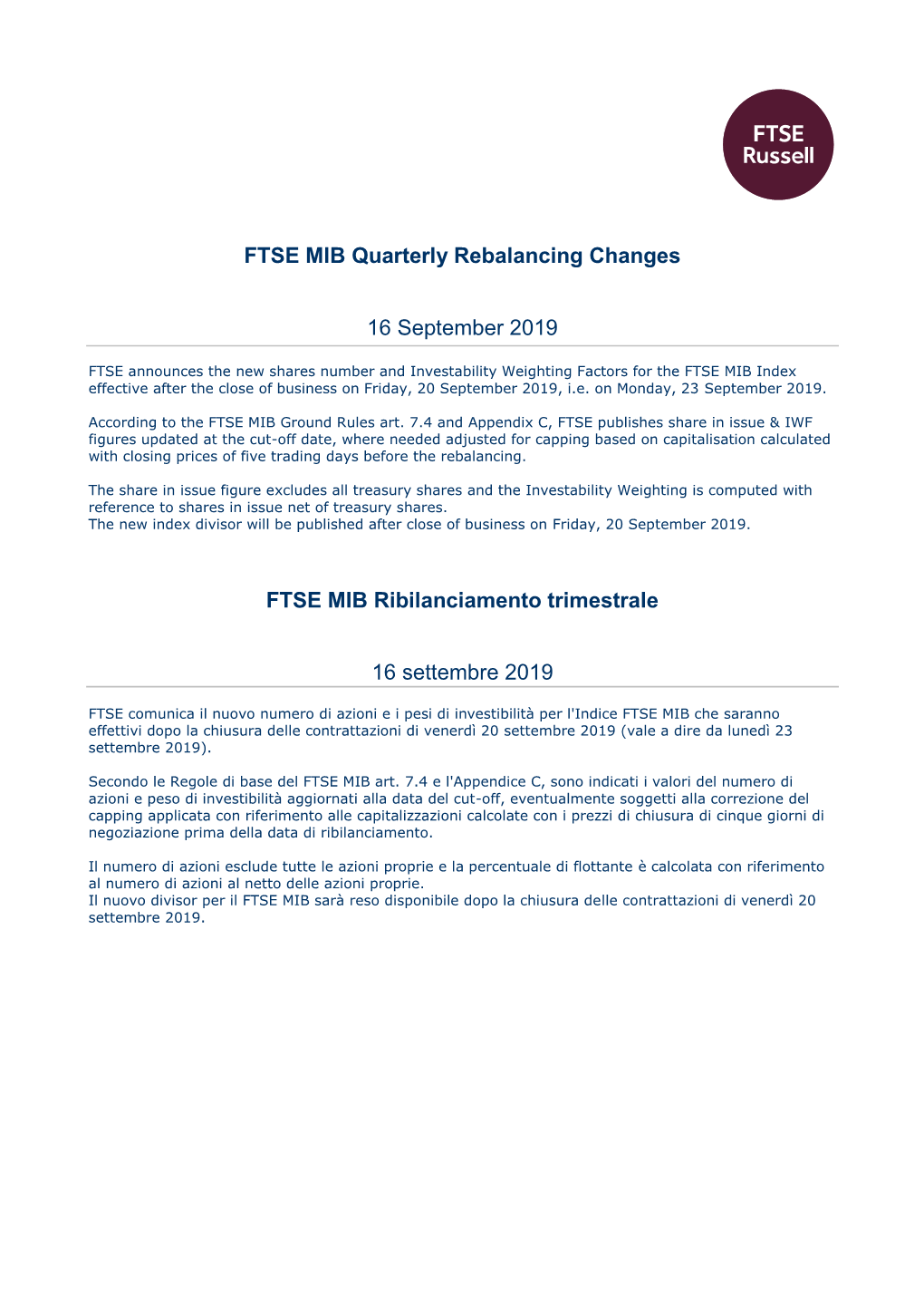 FTSE MIB Quarterly Rebalancing Changes 16 September 2019 FTSE