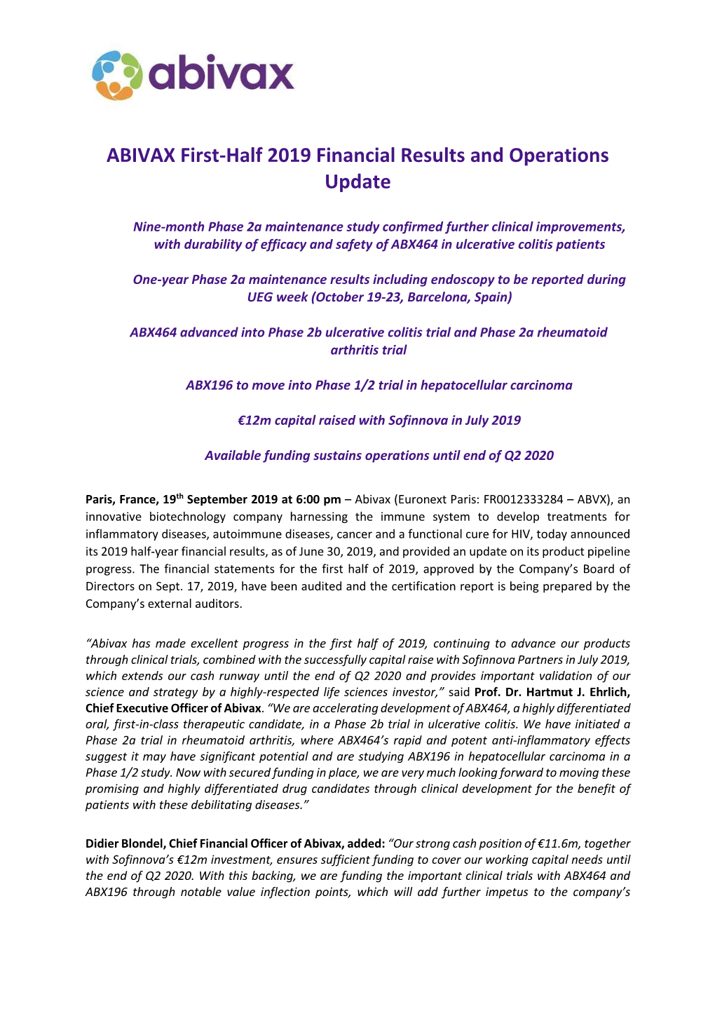 ABIVAX First-Half 2019 Financial Results and Operations Update
