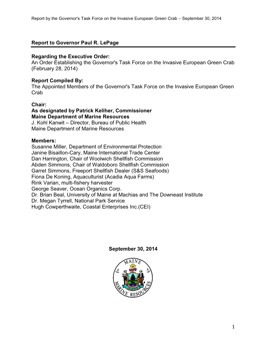 An Order Establishing the Governor's Task Force on the Invasive European Green Crab (February 28, 2014)