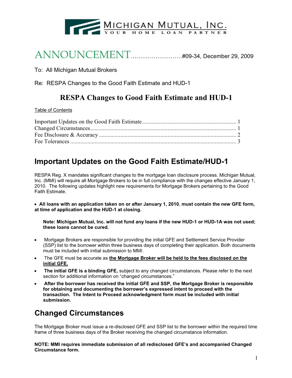 RESPA Changes to Good Faith Estimate and HUD-1