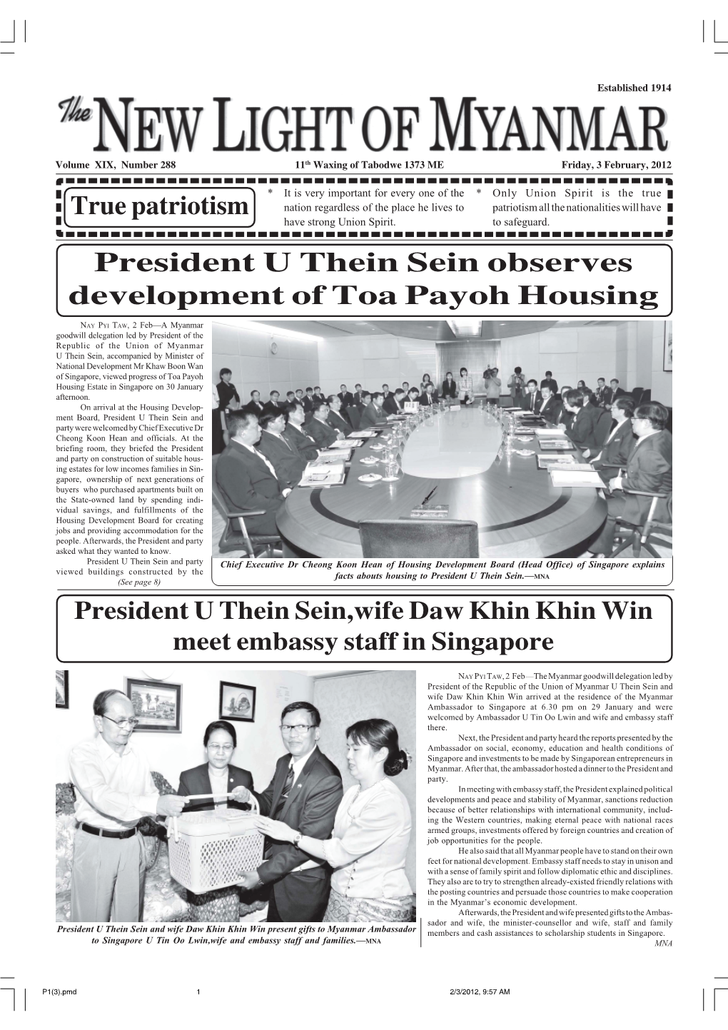 President U Thein Sein Observes Development of Toa Payoh Housing