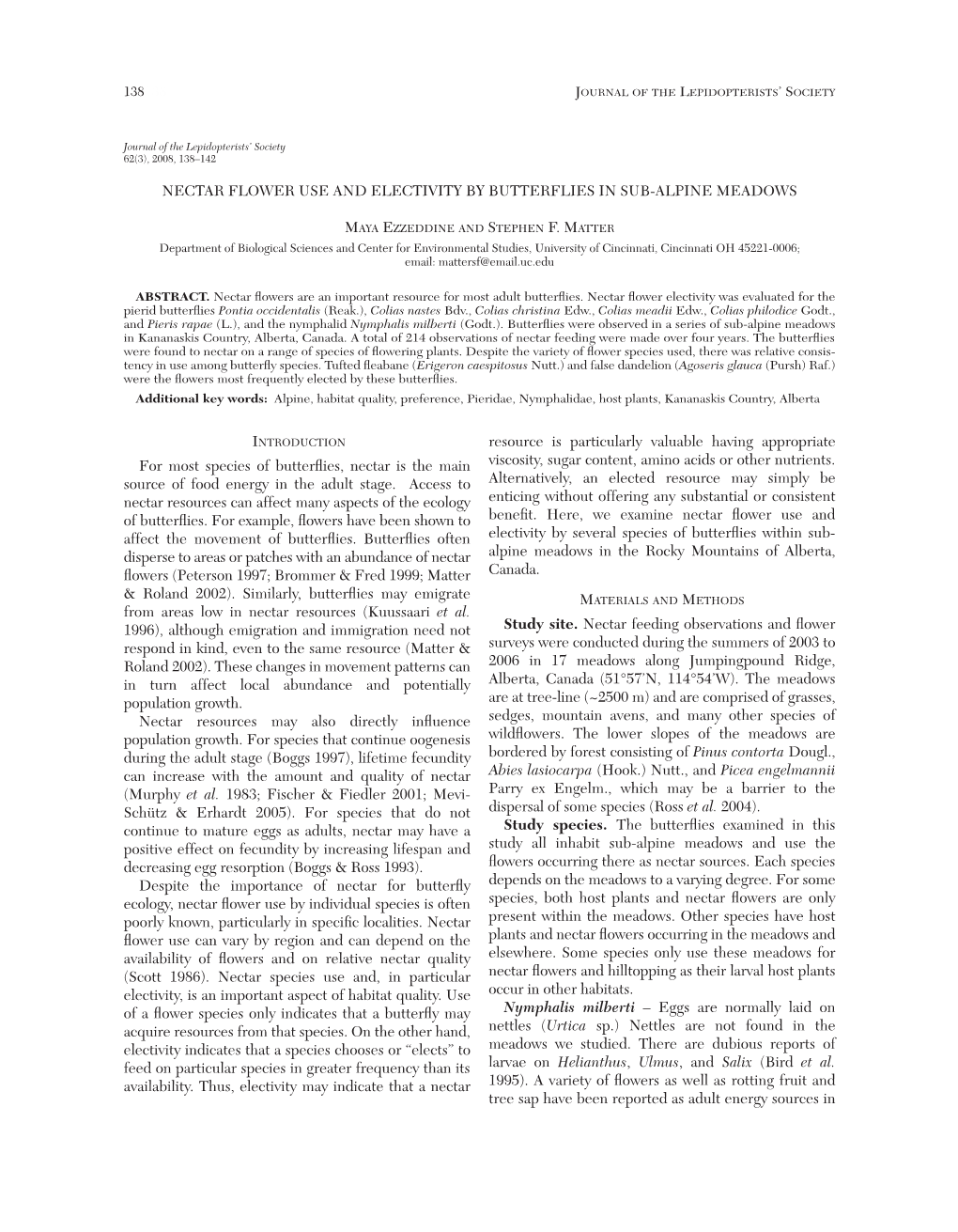 Nectar Flower Use and Electivity by Butterflies in Sub-Alpine Meadows