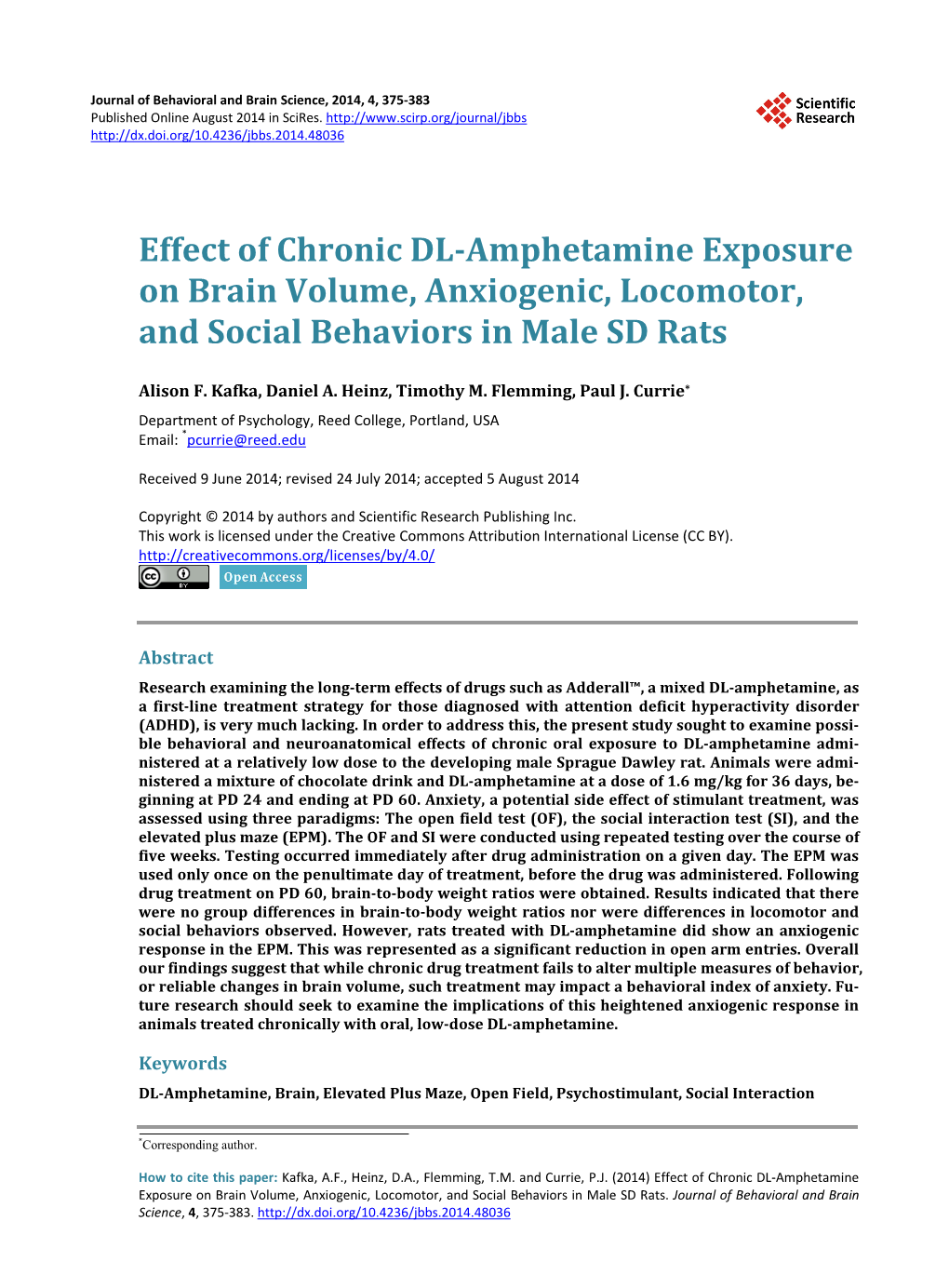 Effect of Chronic DL-Amphetamine Exposure on Brain Volume, Anxiogenic, Locomotor, and Social Behaviors in Male SD Rats