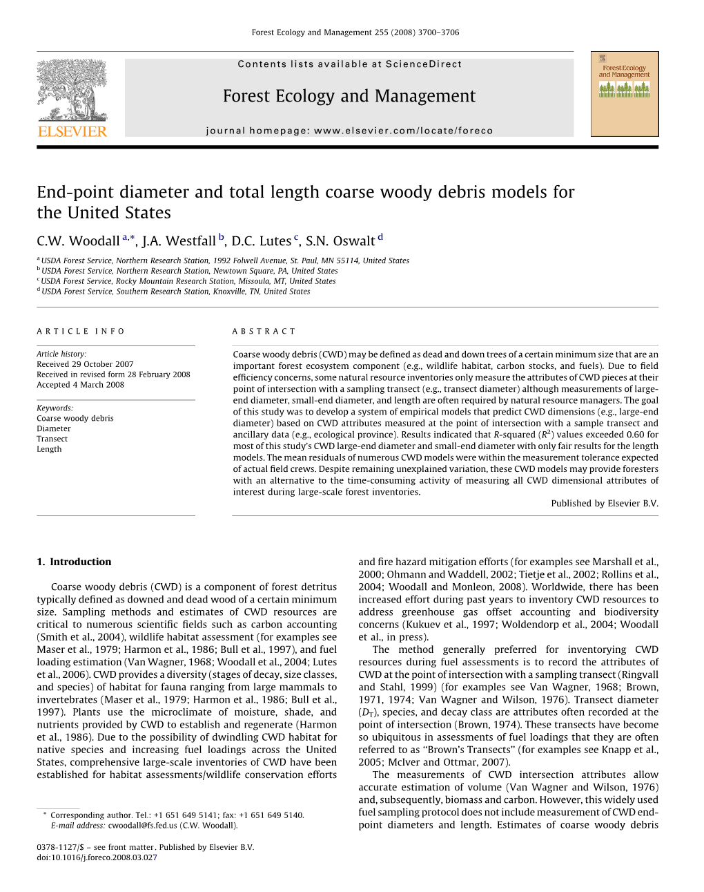 End-Point Diameter and Total Length Coarse Woody Debris Models for the United States