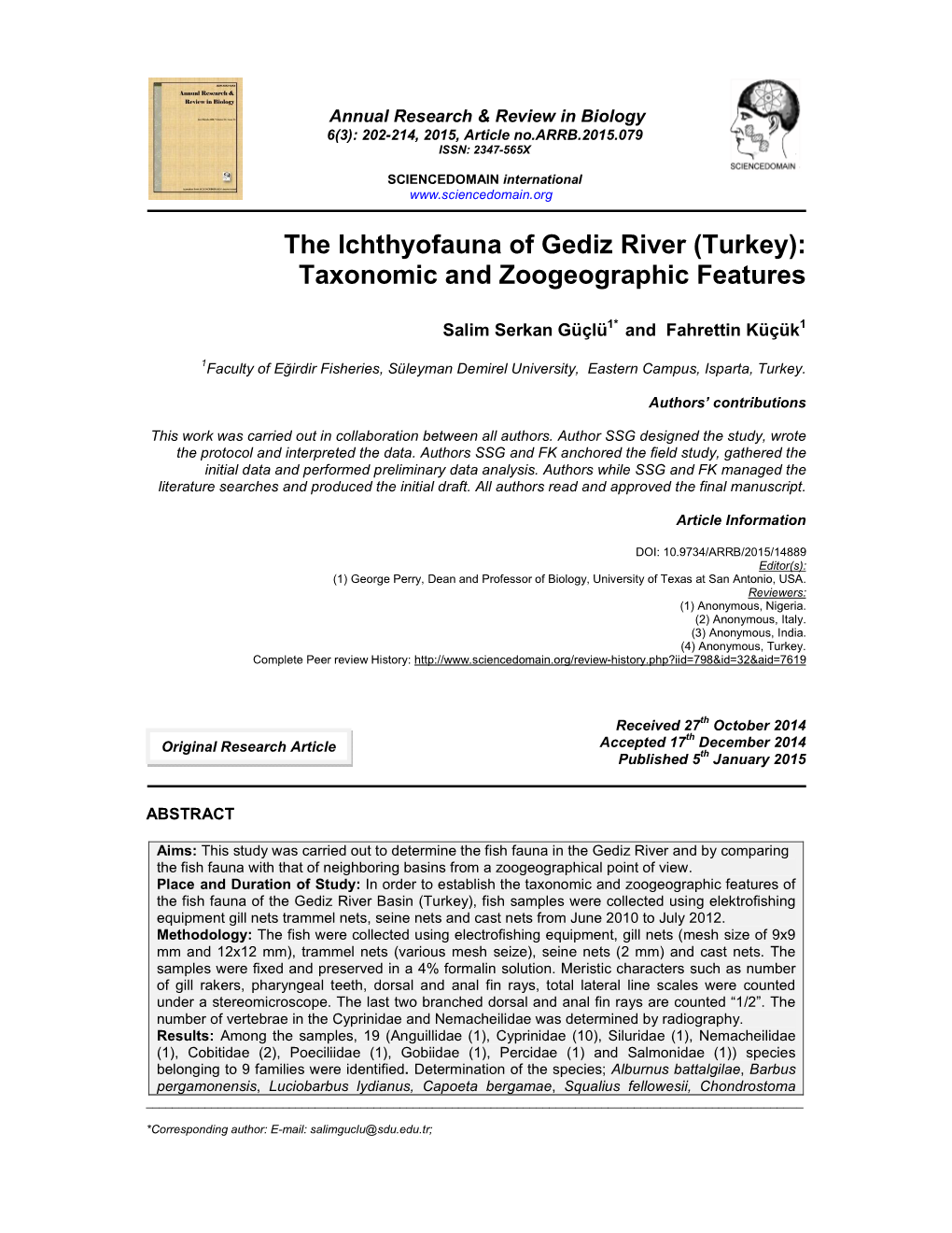 The Ichthyofauna of Gediz River (Turkey): Taxonomic and Zoogeographic Features