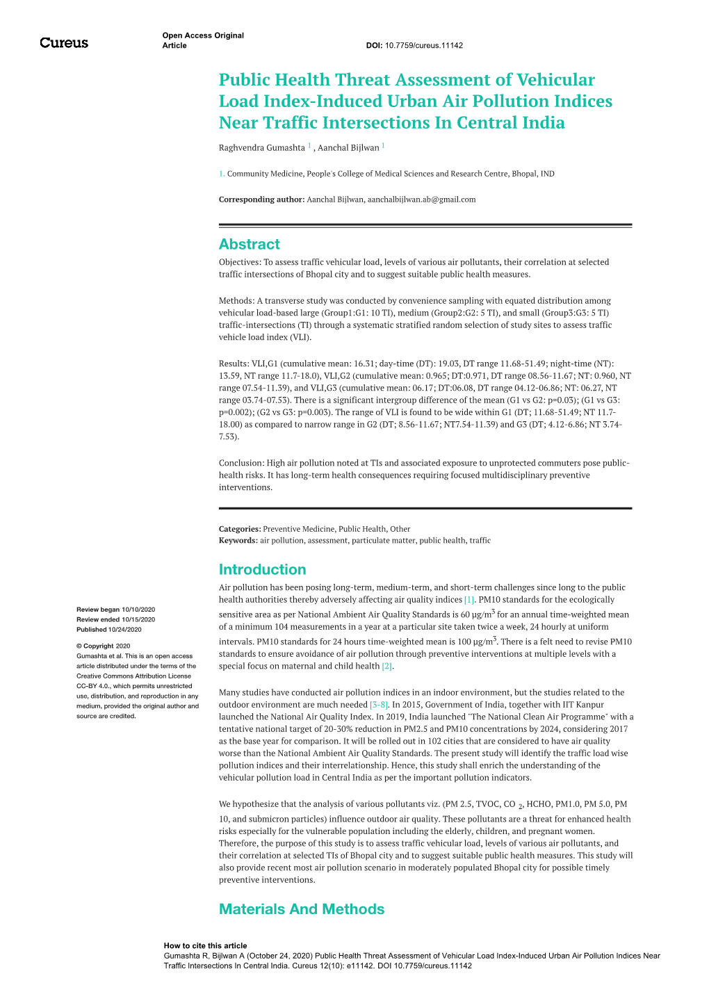 Public Health Threat Assessment of Vehicular Load Index-Induced Urban Air Pollution Indices Near Traffic Intersections in Central India