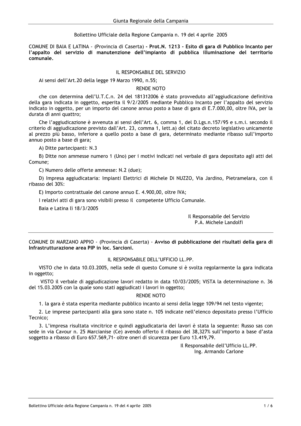 Bollettino Ufficiale Della Regione Campania N. 19 Del 4 Aprile 2005