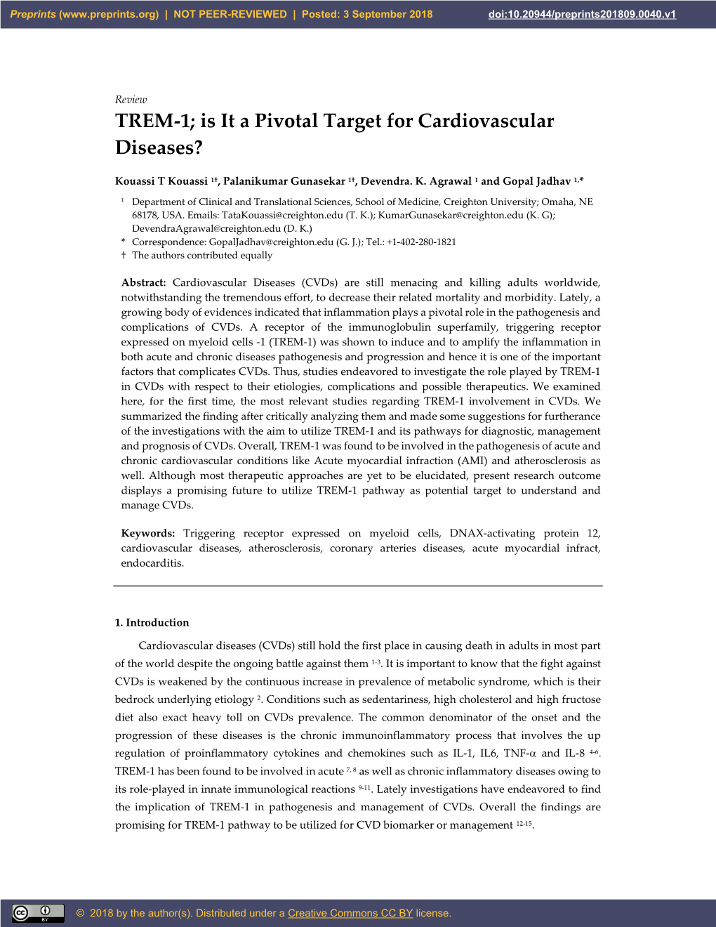 TREM-1; Is It a Pivotal Target for Cardiovascular Diseases?