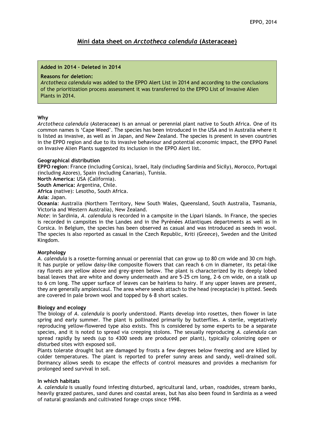 Mini Data Sheet on Arctotheca Calendula (Asteraceae)