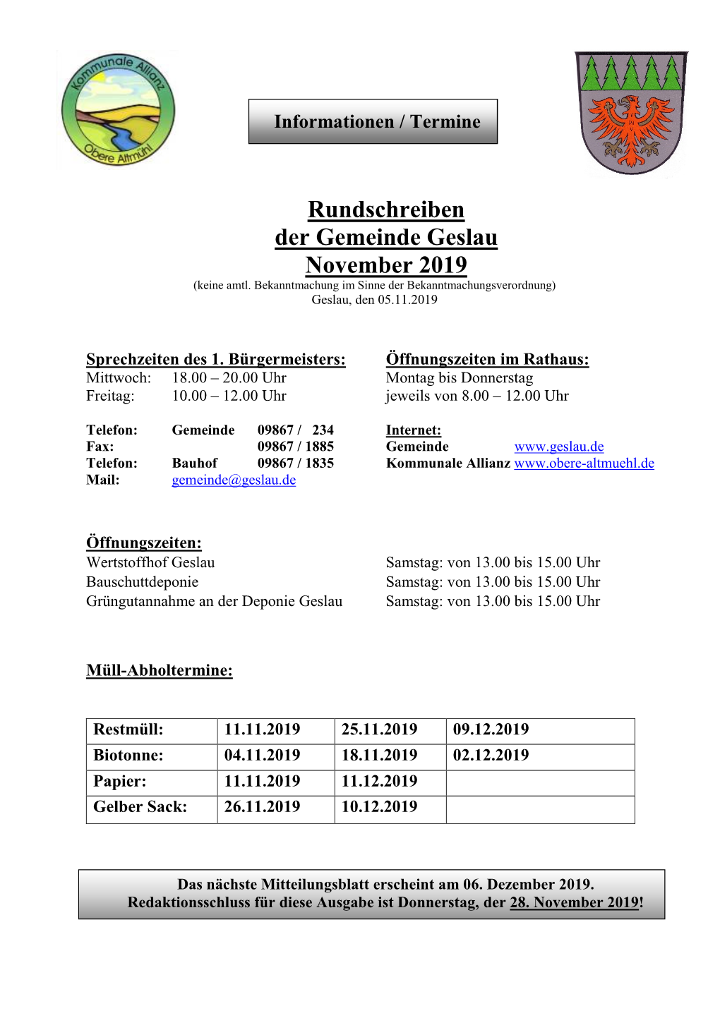 Rundschreiben Der Gemeinde Geslau November 2019 (Keine Amtl