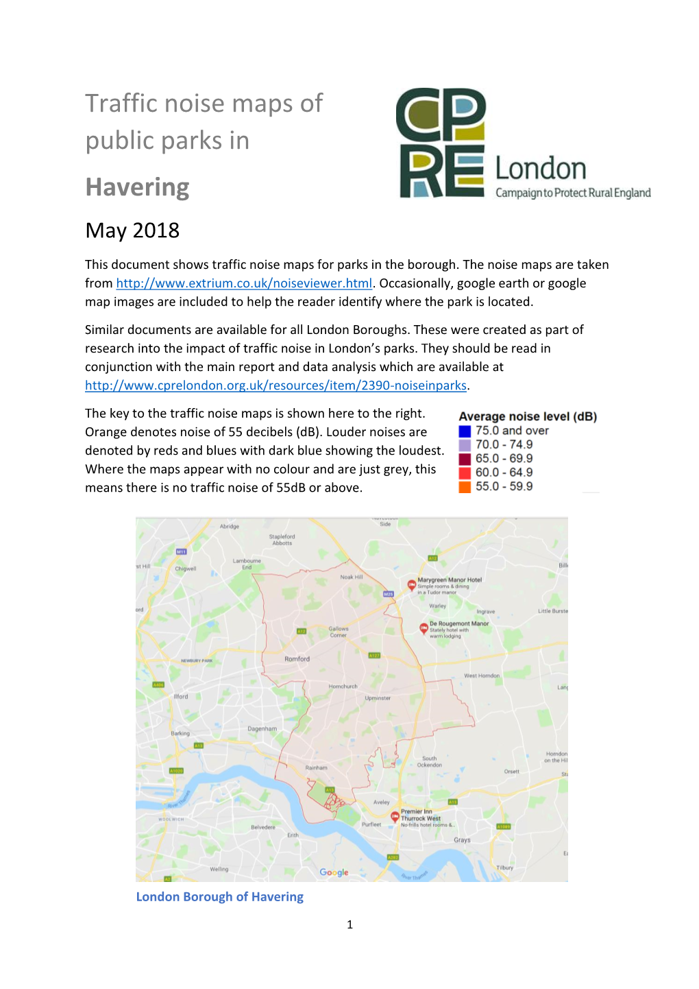 Traffic Noise Maps of Public Parks in Havering May 2018