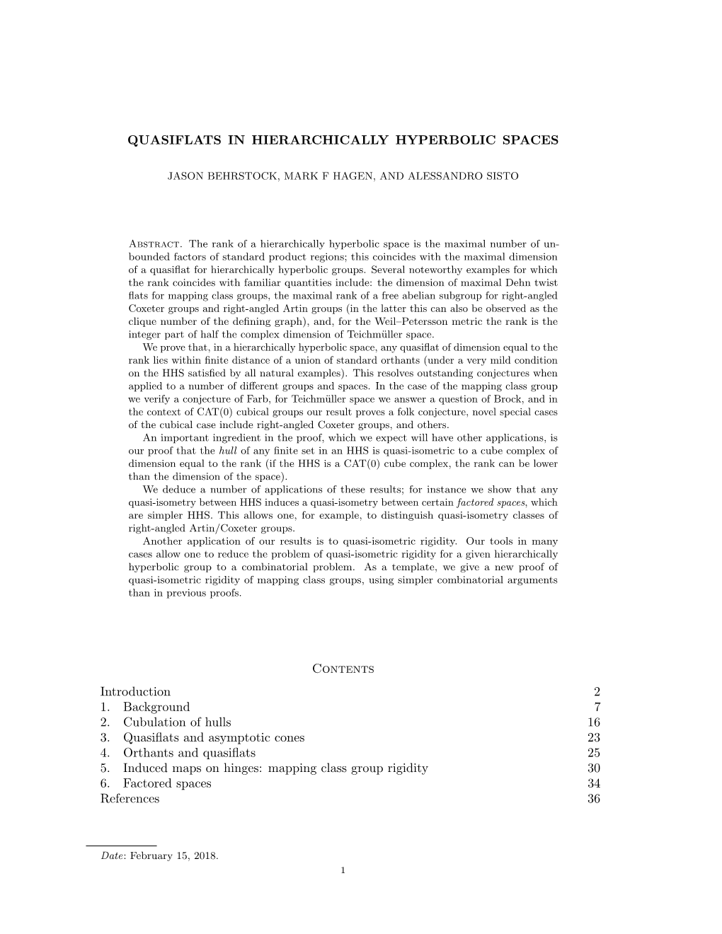 QUASIFLATS in HIERARCHICALLY HYPERBOLIC SPACES Contents