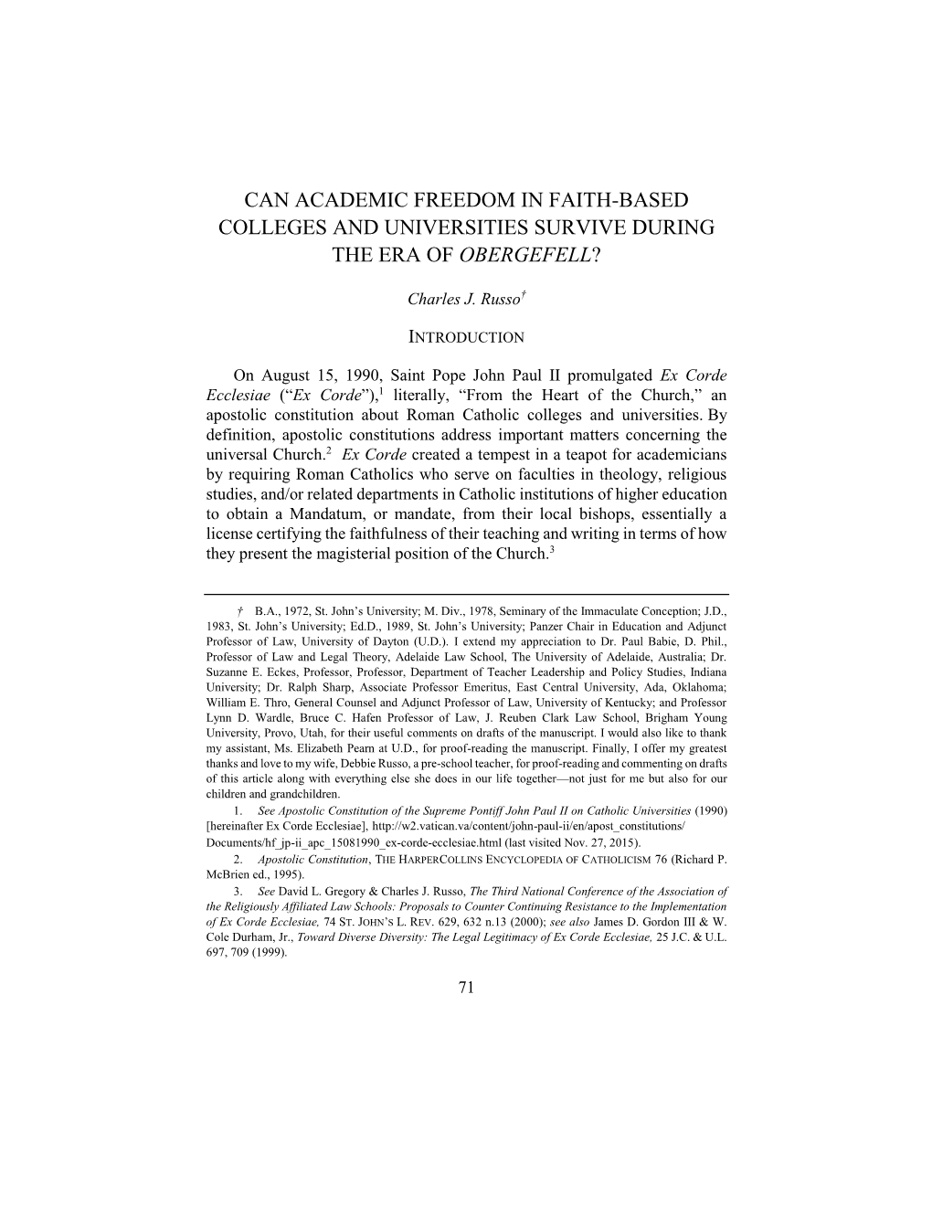 Can Academic Freedom in Faith-Based Colleges and Universities Survive During the Era of Obergefell?