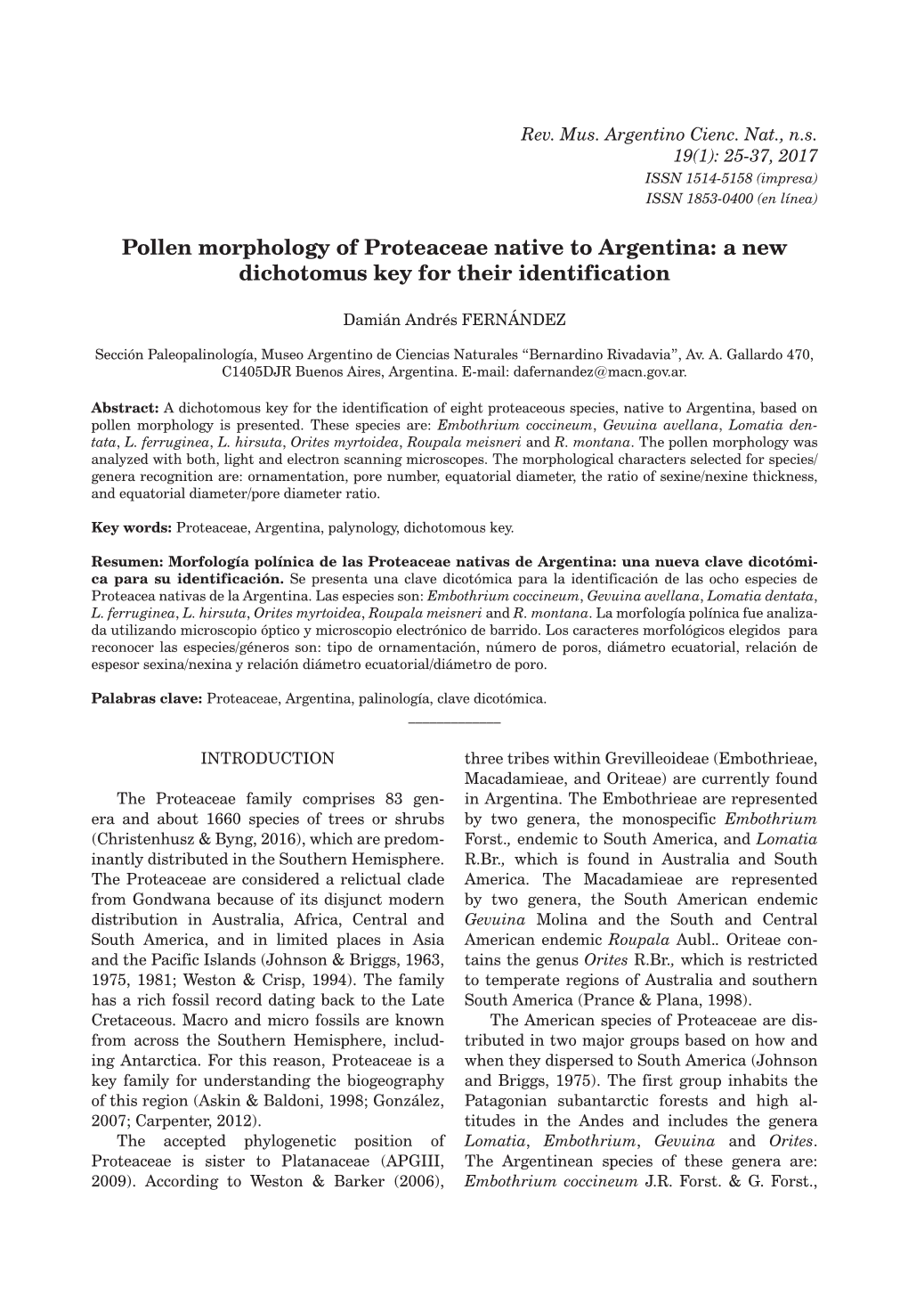 Pollen Morphology of Proteaceae Native to Argentina: a New Dichotomus Key for Their Identification