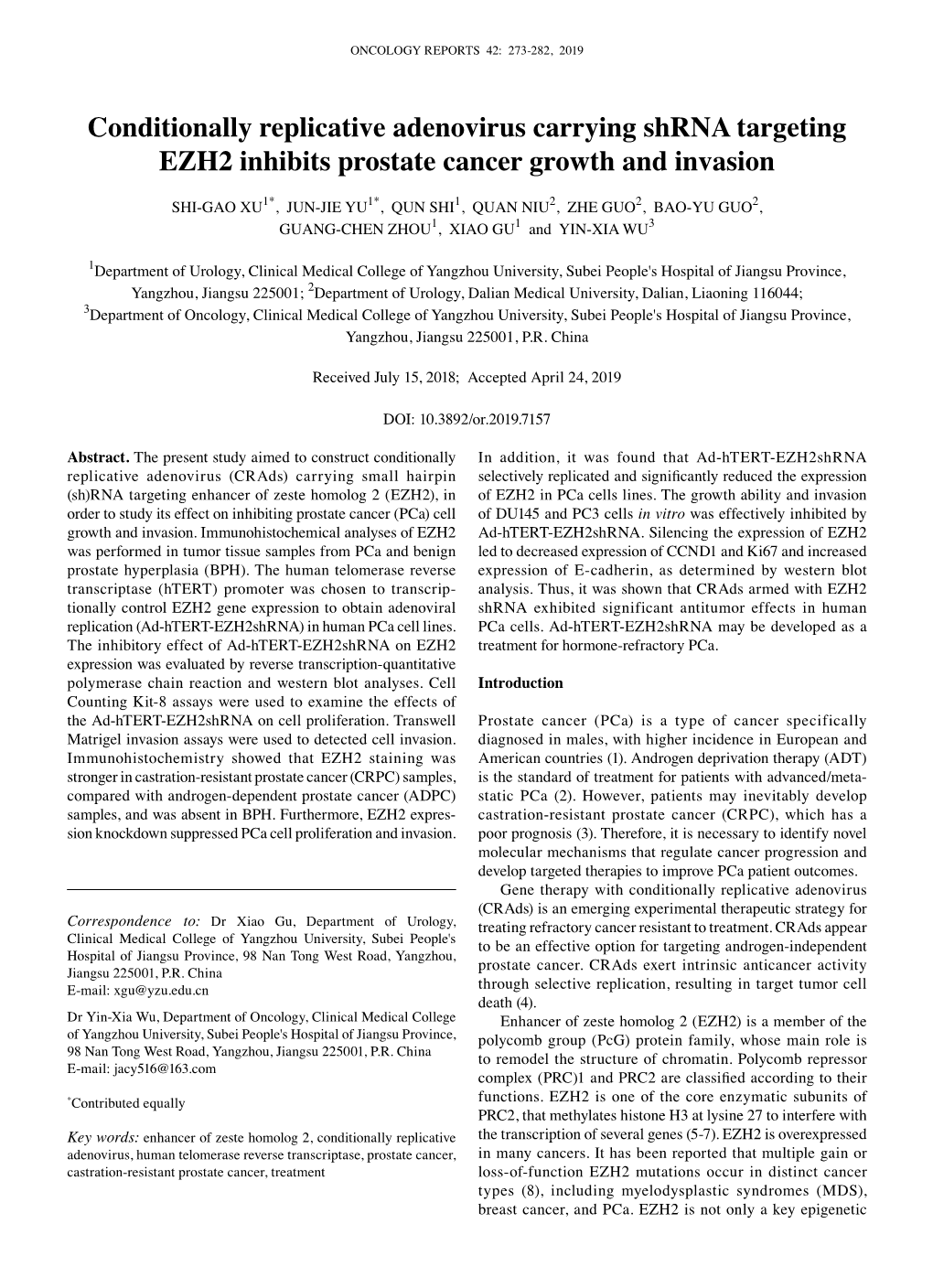 Conditionally Replicative Adenovirus Carrying Shrna Targeting EZH2 Inhibits Prostate Cancer Growth and Invasion