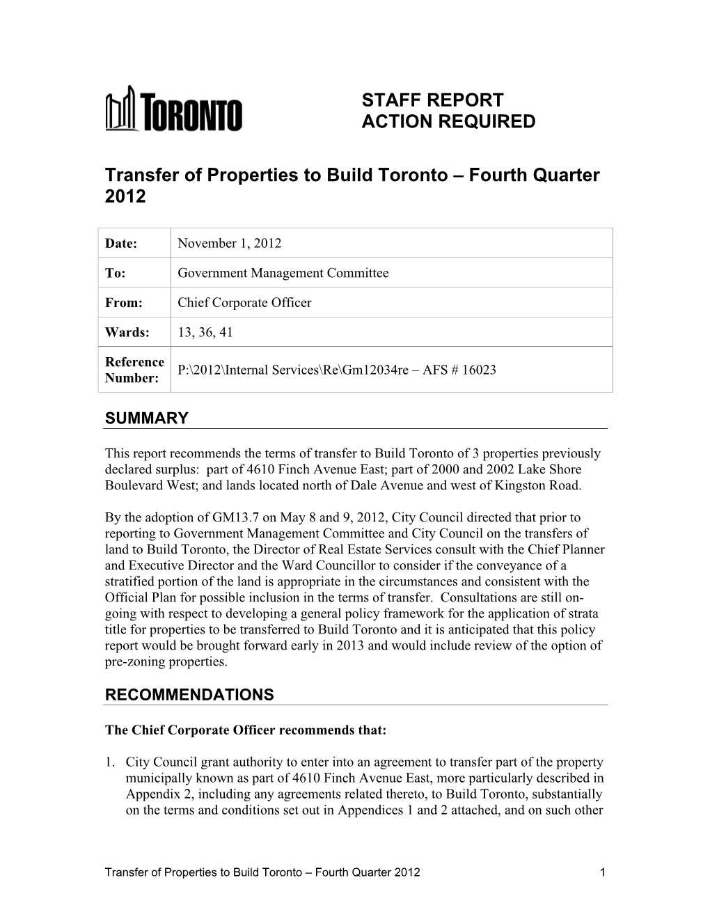 Transfer of Properties to Build Toronto – Fourth Quarter 2012