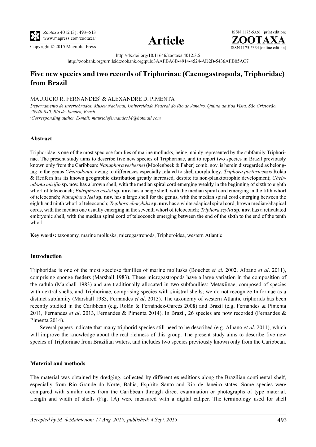 Five New Species and Two Records of Triphorinae (Caenogastropoda, Triphoridae) from Brazil