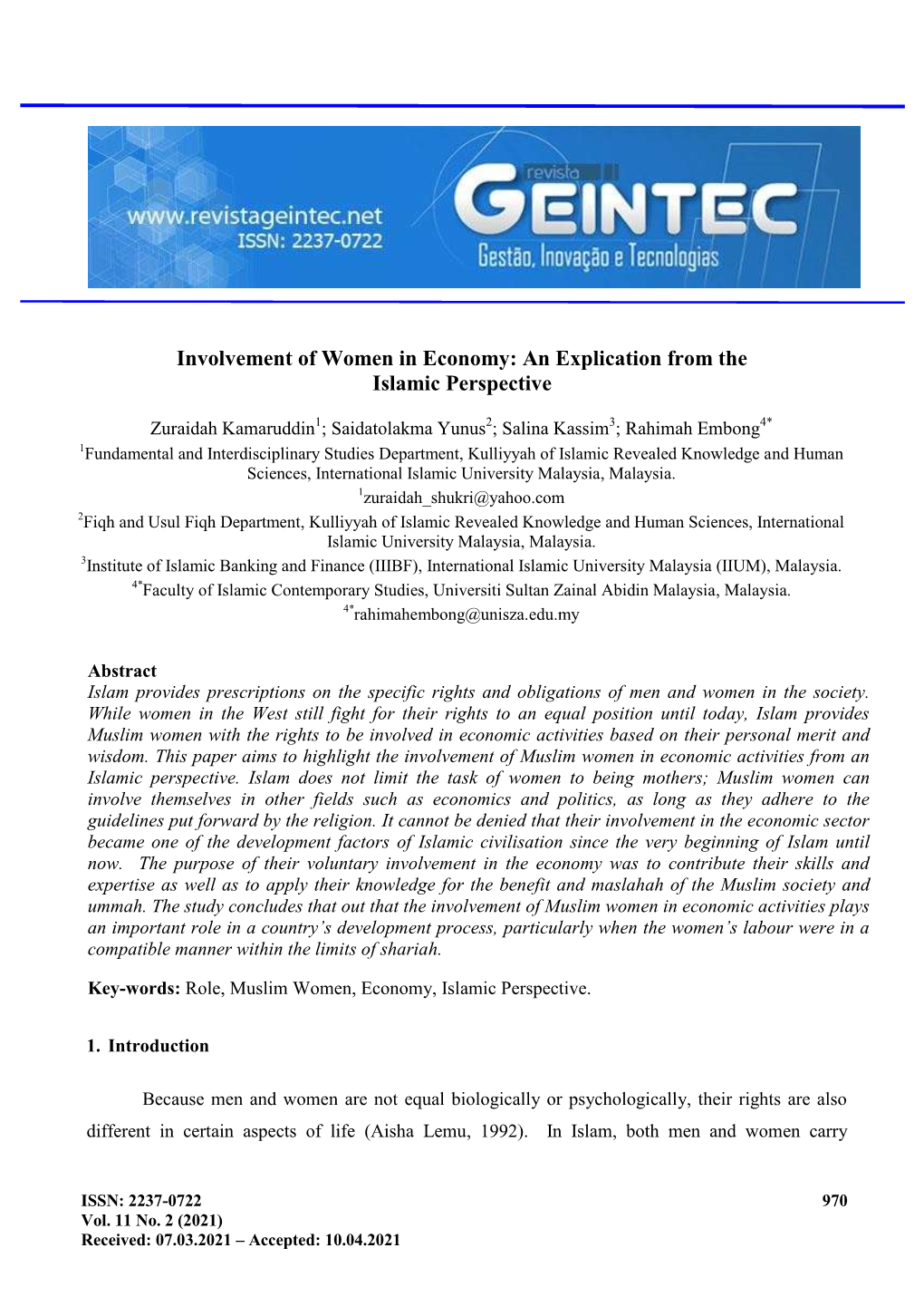 Involvement of Women in Economy: an Explication from the Islamic Perspective