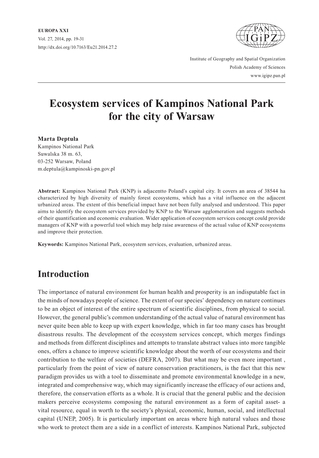 Ecosystem Services of Kampinos National Park for the City of Warsaw