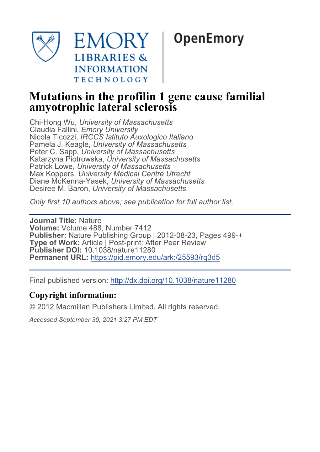 Mutations in the Profilin 1 Gene Cause Familial Amyotrophic Lateral Sclerosis