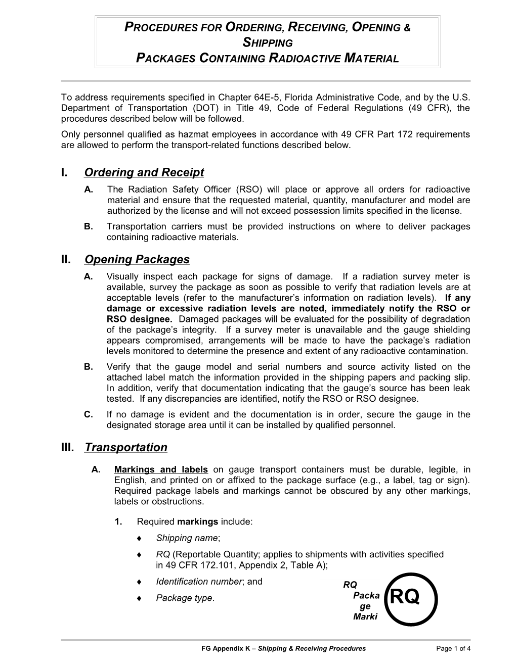 Procedures for Ordering, Receiving, Opening & Shipping Packages Containing Radioactive